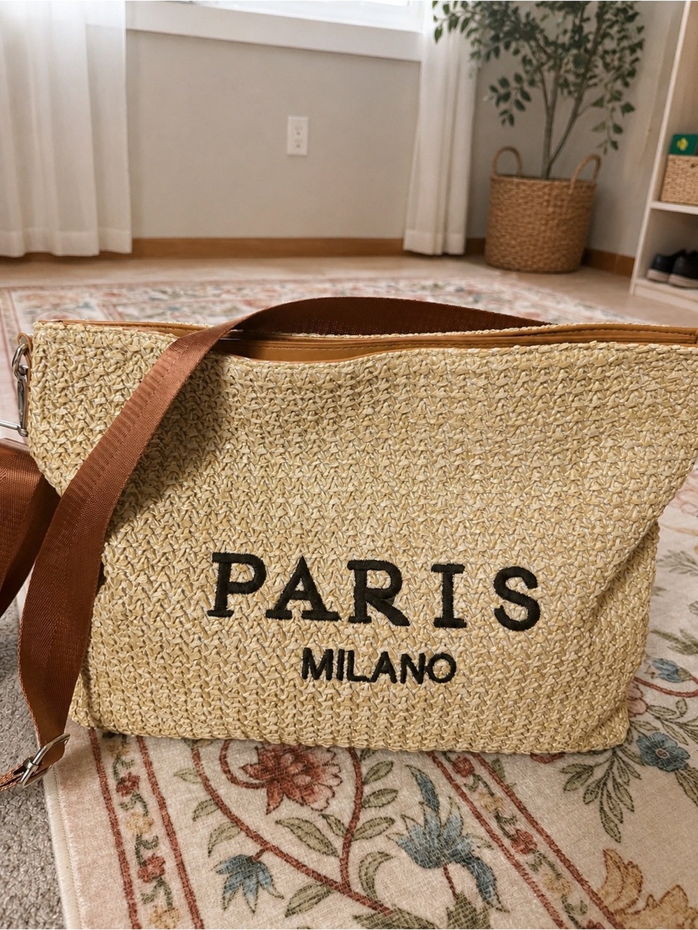 Woven Straw Crossbody Bag in Natural with Brown Strap